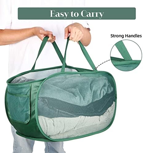 Sturdy Mesh Pop Up Laundry Hamper, Collapsible Laundry Baskets with Side Pocket, Foldable Clothes Hamper with Reinforced Carry Handles for Laundry, Bathroom, Kids Room, Dorm or Travel 2 Pack Emerald - Image 5