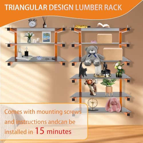 6 Pack Wall-Mounted Lumber Rack, Heavy Duty Wood Storage Racks, 9-Level System Garage Shelving, 1980 LBS Capacity Hanging Organizer Shelves, Orange Brackets Utility Metal Shelf for Indoor and Outdoor - Image 5