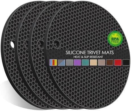 Silicone Trivets for Hot Pots and Pans, 0.31" Thick Trivet Mat for Hot Dishes Set of 4, Heat Resistant Durable Flexible Silicone Mat Pot Mat for Countertop, Easy to Wash and Dry, Dark Gray by QPIXDIGITAL