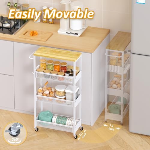7.1" Wide Slim Storage Cart on Wheels, 4 Tier Metal Narrow Rolling Cart with Handle and Wood Top, Multifunctional Small Mobile Shelf Unit Organizer Trolley for Laundry, Bathroom, Kitchen - Image 3