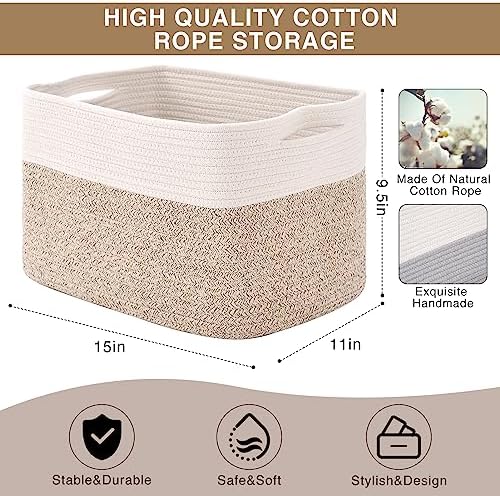 ICERZCZ Storage Baskets for Organizing, Woven Cotton Rope Basket for Storage Books, Baby Organizing Baskets, Toy Storage Basket, 15"x11"x9.5", 3 Packs, Off White & Brown - Image 3