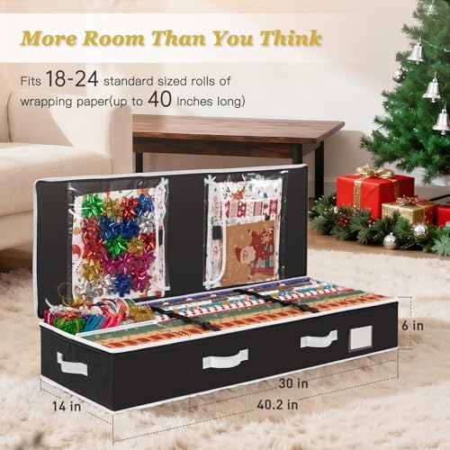Criusia Gift Wrapping Paper Organizer Storage, Durable Underbed Storage Container Fits 24 Rolls, with Removable Dividers and Pockets for Ribbon, Ornaments, Holiday Accessories, Black - Image 5