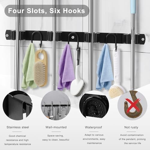 Broom Holder Wall Mount, Stainless Steel Mop Hanger with 4 Slots 6 Hooks, Tool Storage Wall Organizer for Kitchen Garden Garage Laundry Room Bathroom and RV, Black 1-Pack - Image 3
