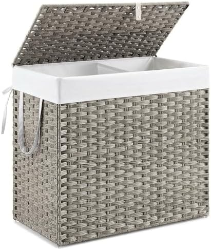 DUMOS Wicker Laundry Basket with Lid, 110L Woven Laundry Hamper with Handles, Foldable Rattan Clothes Hamper with Removable Liner & Sturdy Steel Frame, Dove Gray by DumosLifestyle