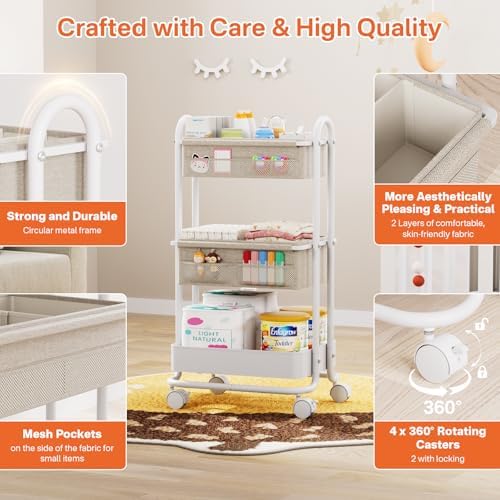 Modanais Baby Diaper Caddy Organizer Cart - 3 Tier Rolling Cart, Off White - Image 3
