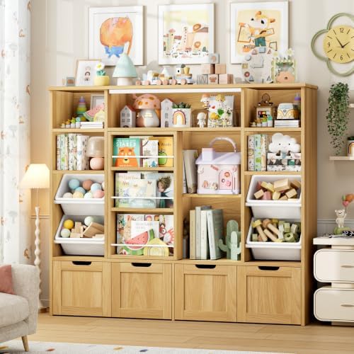 FINETONES Toy Storage with Sliding Bookshelf, Toy Organizer with 4 Bins - Image 2