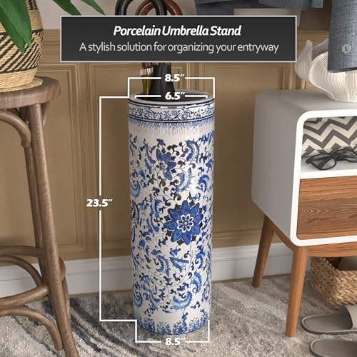 Red Lantern 24" Floral Blue & White Porcelain Umbrella Stand - Image 4