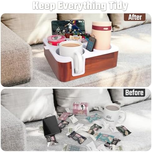 Couch Cup Holder Tray, Real Acacia Wooden Caddy with Soft Silicone, Snack and Drink Organizer- Perfect Movie Night Accessories for Bed, Remote and Cup Holders for Sofa (White) - Image 3