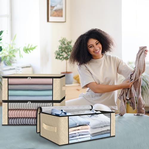 HomeHacks 3-Pack Clothes Organizer Storage Bags, 35L Storage Bins, Beige - Image 7