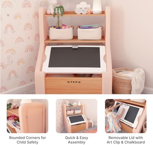 Step2 Harmony Toy Storage Box, Wood and Plastic, Shelves for Books, Toy Storage Bin with Chalkboard Lid and Clip, Easel and Toy Organizer in One, Rose Pink - Image 2