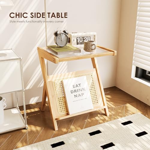 Bamworld Rattan Side Table Boho Nightstand with Storage Shelf - Image 6