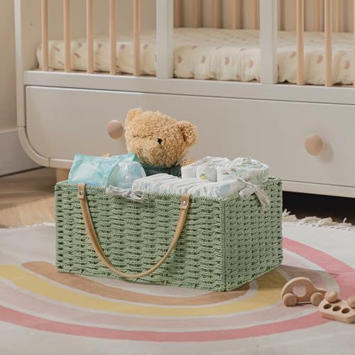 HBlife Large Baby Diaper Caddy Organizer Green, Paper Rope Storage Baskets Nursery Bin with Removable Divider, Portable Car Organizer for Diapers, Baby Shower Gifts, Newborn Essentials Must Haves - Image 6