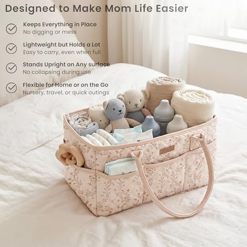Konssy Baby Diaper Caddy Organizer, Floral Design with PU Leather Handles - Image 4