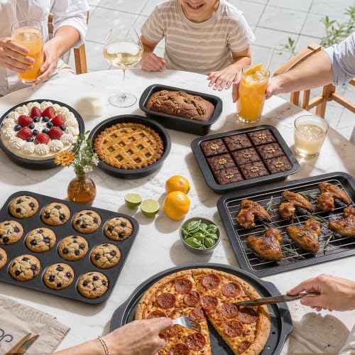 HONGBAKE Bakeware Sets, Baking Pans Set, 12 Pieces Nonstick Oven Pan with 120 Muffin Liners for Kitchen, Wider Grips, Including Rack, Cookie Sheet, Cake, Loaf, Muffin, Pizza Pan - Gray - Image 5