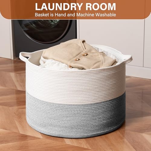 Foldable Laundry Hamper Basket with Collapsible Handle Cotton Rope Soft Woven Fabric Storage Organizer Clothes Toys Nursery Bedroom Dorm Space Saving Bin (White & Light Grey, 80L(21.7"D x 13.8"H)) - Image 2
