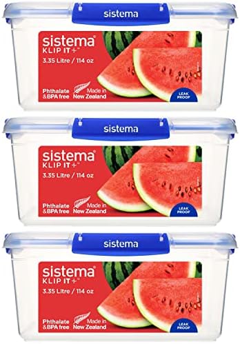Sistema KLIP IT+ 3.35L Rectangle Food Storage Containers (3-Pack), Stackable & Airtight Food Boxes with Lids, Dishwasher, Freezer, & Microwave-Safe, BPA-Free, School Lunch Boxes by Sistema