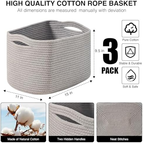 ICERZCZ Storage Baskets for Organizing Shelves, Woven Cotton Rope Bins for Baby Nursery Organization, Book Toy Towel Organizer, 15"x11"x9.5", 3 Packs, Grey - Image 3
