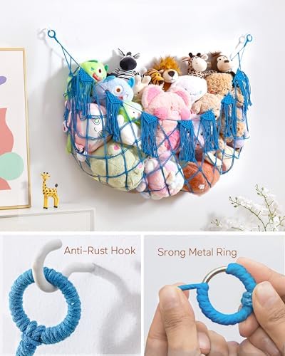 Boho Stuffed Animal Hammock, Corner or Falt Wall Hanging, Blue, L - Image 2