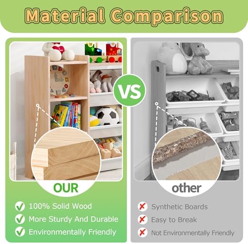 MallBest 57" Extra Wide Toy Storage Organizer and Kids Bookshelf, Solid Pine Wood Frame Playroom Organizer with 9 Bins, 4-Tier Toy Organizer for Kids Room, Nursery and Bedroom, Natural - Image 5