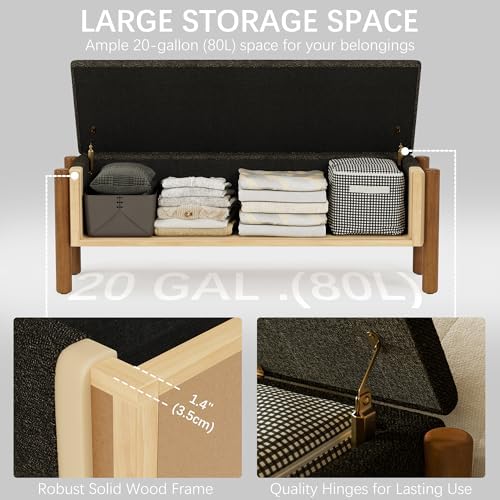 Modern Storage Benches with Walnut Wood Legs, 47'' Ottoman Bench with 20 Gallons Storage Space for Bedroom End of Bed, Fabric Upholstered Entryway Bench with Seating for Livingroom, Gray - Image 6