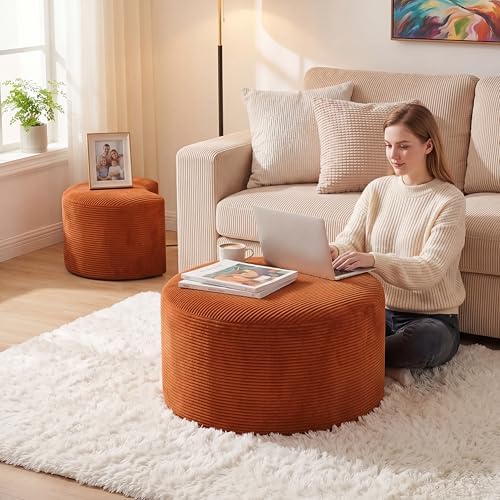 BSHOMGI Nesting Coffee Table Set of 2,Corduroy Ottoman Soft Foot Rest Movable LargePouf Footstool for Living Room Sofa Couch Bedroom Entryway and Small Spaces No Assembly (Orange, 32"+17") - Image 3