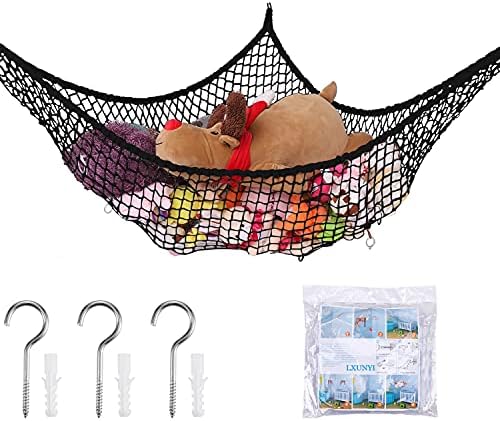 Stuffed Animal Hammock, Toy Hammock Storage Net, LXUNYI Mesh Toy Net Holder Jumbo Wall Corner Giant Baby Kids Children Stuff animals Hammocks Net Organizer for Bedroom (Black, 84 inch) by LXUNYI