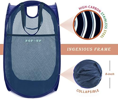HOUSE AGAIN Strong Mesh Pop Up Laundry Hamper, 70L Collapsible Laundry Basket with Steel Frame, Double‑Stitched Handles & Side Pocket, Foldable Dirty Clothes Hamper for Dorm, Bedroom, Blue - Image 3
