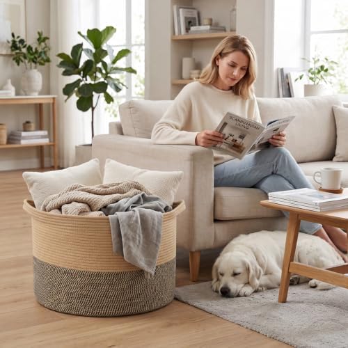 65L Large Blanket Basket,Rope Woven Laundry Baskets-Jute&Black - Image 4