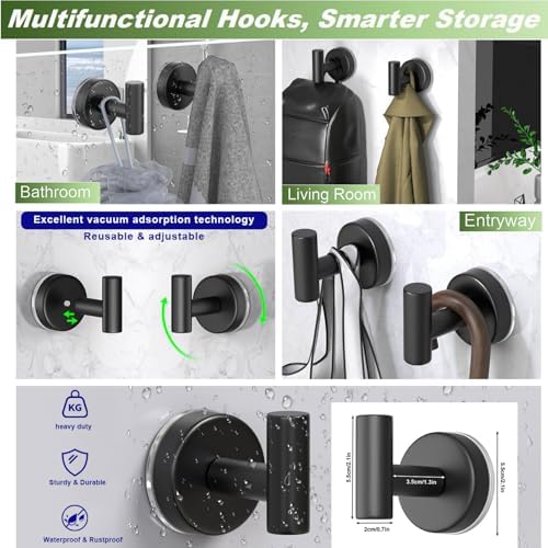 Suction Cup Hooks for Shower, Stainless Steel Towel Hooks for Bathroom Wall, Glass Door, Kitchen, Mirror, Tile, Shower Hooks for Hanging Towels, Robes, Bath Balls (2 Pack，Black) - Image 6