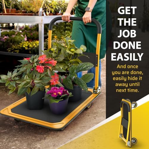 Heavy Duty Foldable Push Cart Dolly | 660 lbs. Capacity | Upgraded Collapsible Hand Truck Folding Platform with Swivel Wheels | Flat Bed Moving Wagon | Space Saving Push Handle (Yellow) - Image 6