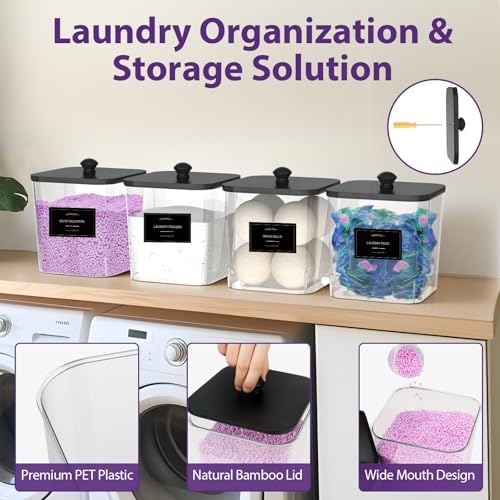 COAZEX 4 Pack Clear Laundry Pods Container Black Lids Scoops & Labels - Image 4