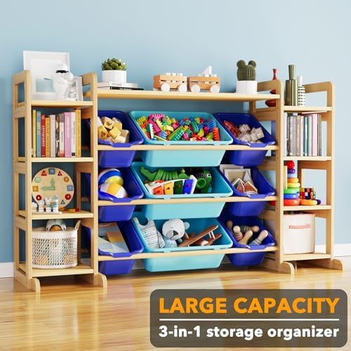 SpaceAid Large Toy Storage Organizer 9 Shelves 9 Bins, Toy Organizers Storage Bookshelf, Kids Bin Shelf Toys Box Bookcase for Bedroom Playroom Organization Room Decor, Blue and Navy Blue - Image 3
