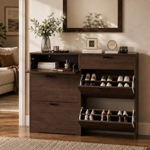 VINGLI Shoe Cabinet Storage for Entryway,Walnut Narrow Wood Shoe Rack,25" W - Image 5