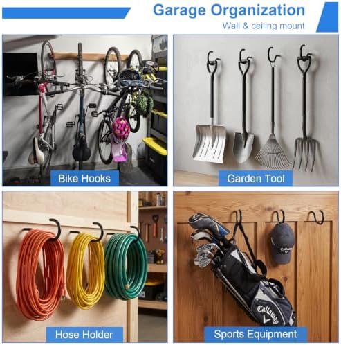 Garage Hooks Heavy Duty, Bike Hooks for Garage Wall Ceiling Mount, 100lbs Capacity Carbon Steel Bicycle Hangers with Anchors, Wide Opening Utility Storage Hooks for Mountain Road Bike Ladder 4 Pack - Image 6