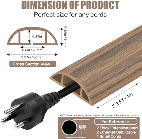 Floor Cord Cover Cavity 0.8"x0.37" Self Adhesive Cord Hider, 3.3FT Low Profile Cable Management, Extension Strip Protector for Wires, Prevent Cable Trips for Offices, Gyms,(Wood Smoked Brown) - Image 2