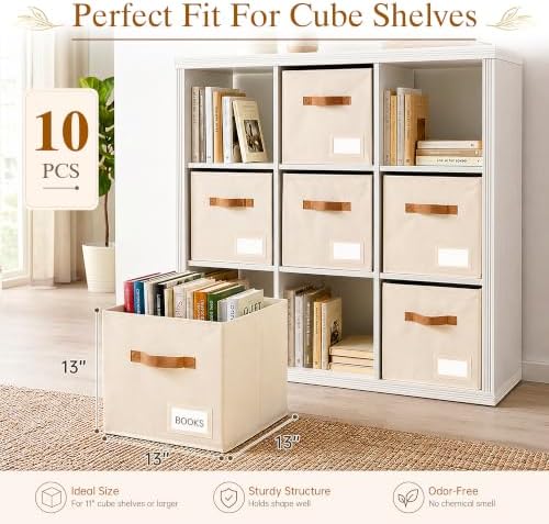 Storage Cubes 10 Pack, 13 Inch Fabric Storage Cubes Organizer Bins with Labels, Odor-Free & Sturdy PP Structure, Cubby Baskets for Closet, Shelves, Toys & Nursery (Beige) - Image 2