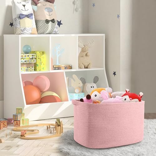 MEGASKET Extra Large Pink Storage Basket, 23.6" x 17" x 12" Rectangle Blanket Basket Living Room, Woven Cotton Rope Basket, Toy Basket Bins, Pink Baskets for Decor, Wicker Baby Laundry Basket - Image 5
