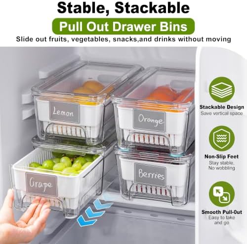 4-Pack Fruit Storage Containers for Fridge, Pull-Out Drawers with Colanders - Image 3