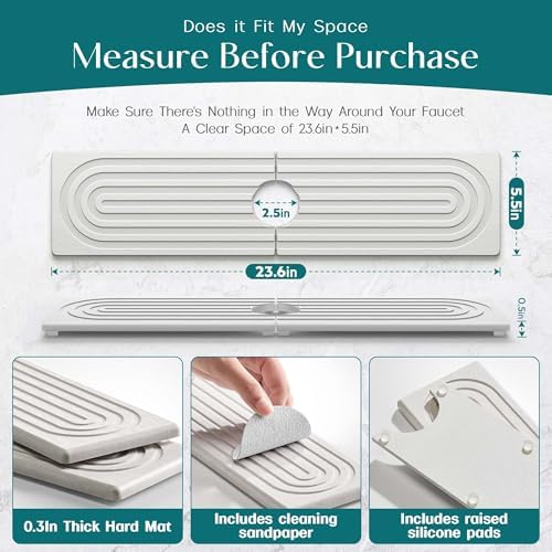 Large Faucet Mat for Kitchen Sink - Stone Drying Mat for Kitchen Counter, Diatomite Fast Drying Stone Sink Tray, Super Absorbent, Stylish Decor and Protector for Bathroom (Light Grey, 23.6" x 5.5") - Image 2