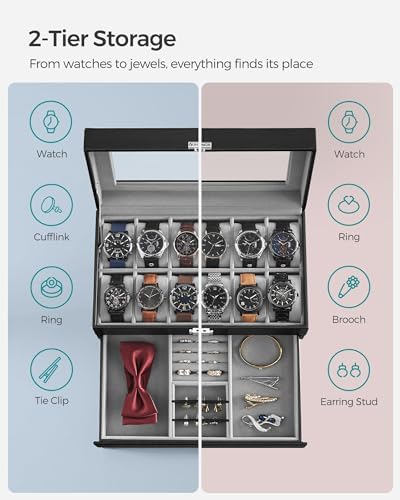 SONGMICS Watch Box, 12-Slot Watch Case Organizer with Large Glass Lid, 2 Layers, Removable Pillows, Metal Lock, Gift for Loved Ones, Black Synthetic Leather, Gray Lining UJWB012 - Image 3