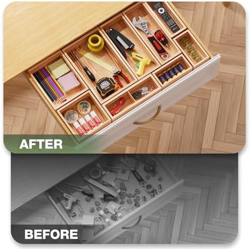 9-Pack Solid Wood Junk Drawer Organizer, Modular Desk Drawer Tray & Accessories with Non-Slip Pad, Multi-Use for Kitchen, Office, Bedroom Dresser, Utensil, Makeup, Stationery, Tea Bags & Coffee Pod - Image 5