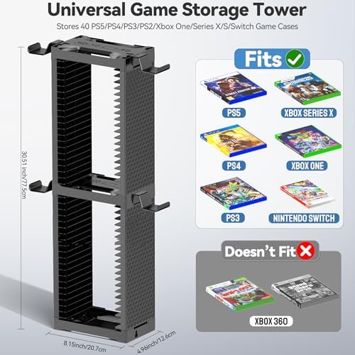 Video Game Disc Rack Tower Storage Holder Stand Universal for PS5/PS4/XBOX One/Series/NS Game, Game Organizer Shelf Display Stand for Wall Mount/Desk/Floor with Controller Holder Sega Genesis Consoles - Image 2