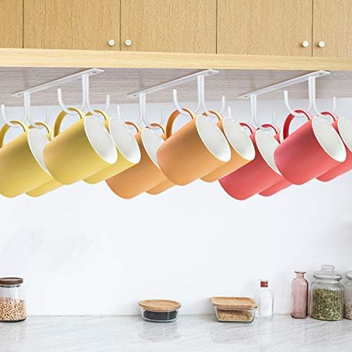 MOCOUM Under Cabinet Mug Rack, Rustic Mug Organizer Rack Cup Holder Under Shelf 12 Hanging Hooks Rack for Mugs, Coffee Cups and Kitchen Utensils Display (White-3 Pack-12 Hooks) - Image 6