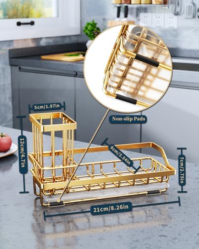Consumest Sink Caddy, Kitchen Sponge Holder with Dish Brush Holder, Kitchen Sink Organizer with Drip Tray for Countertop, Stainless Steel Rustproof - Gold - Image 6