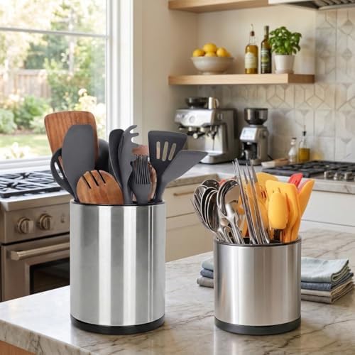 Nigelia Set of 2, Extra Large Kitchen Utensil Holder, 360° Rotating Stainless Steel Cooking Utensil Holder for Countertop, 3 Compartment Flatware Organizer (Silvery) - Image 4