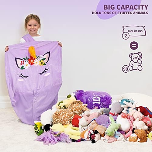 Aubliss Unicorn Stuffed Animal Storage Bean Bag Chair for Kids, Velvet - Image 4