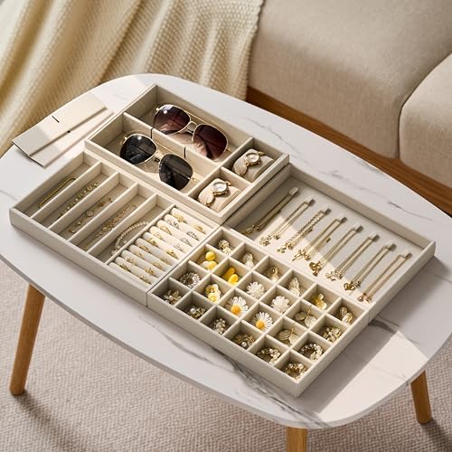 Velvet Jewelry Drawer Organizer Trays – Large Beige Stackable Jewelry Storage Inserts Set, 4-Layer Jewelry Tray Set for Earrings, Rings, Necklaces, Bracelets with Removable Dividers for Dresser,Vanity - Image 6
