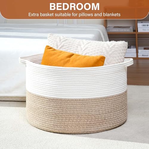 Foldable Laundry Hamper Basket with Collapsible Handle Cotton Rope Soft Woven Fabric Storage Organizer Clothes Toys Nursery Bedroom Dorm Space Saving Bin (White & Brown, 65L(19.7"D x 12.6"H)) - Image 4