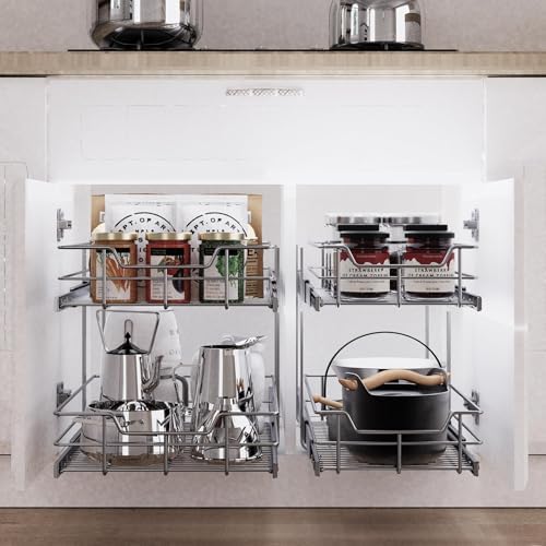 2 Tier Pull Out Cabinet Organizer 15" W X 22" D, Chromed, Full Slide Out - Image 5