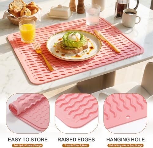 2 Pack Silicone Dish Drying Mat for Kitchen Counter Shower Caddy Rack Waterproof Trivets Under Sink Placemats Meal Prep Essentials for Women Espresso Machine Station Appliances 15"x11.5" Pink - Image 2